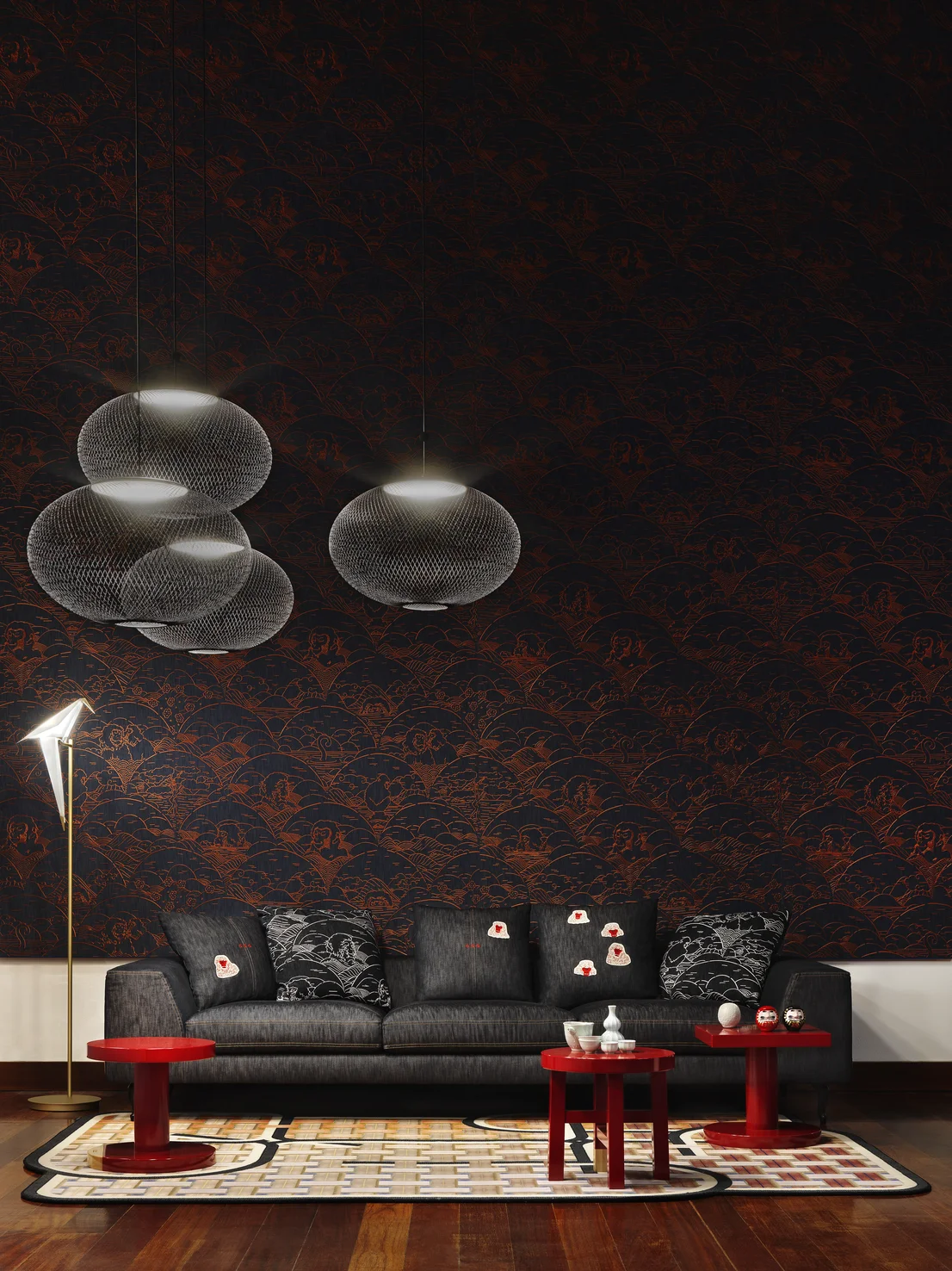 Impression of Milan 2019 with NR2 suspension light, ZLIQ Sofa and Perch Floor Lamp