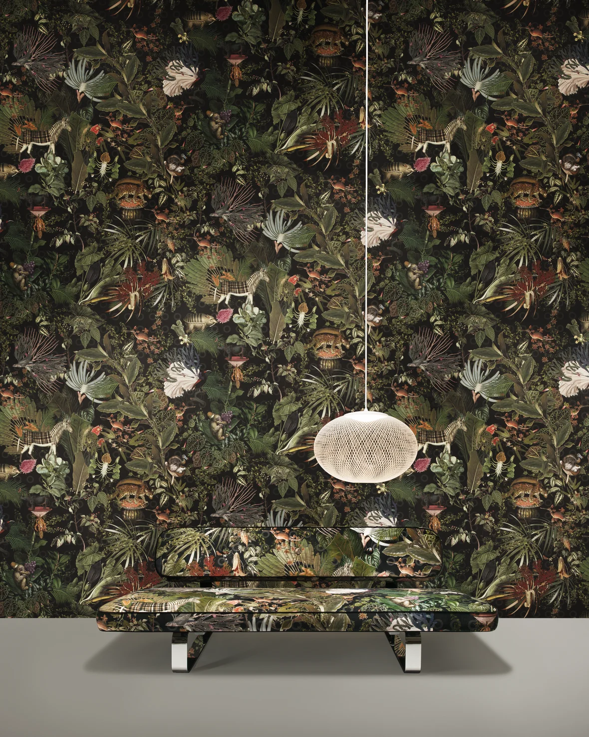 Poetic composition Powernap Sofa, Non Random suspension light and Moooi Wallcovering Menagerie of Extinct Animals