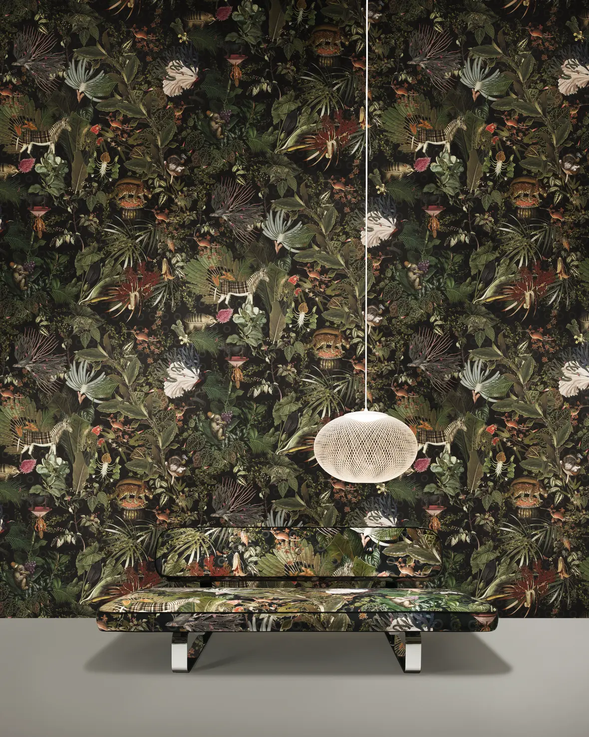 Poetic composition Powernap Sofa, Non Random suspension light and Moooi Wallcovering Menagerie of Extinct Animals