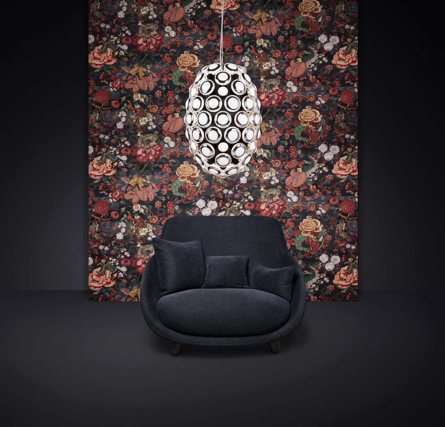 Poetic composition with Love Sofa and Iconic Eyes suspension light