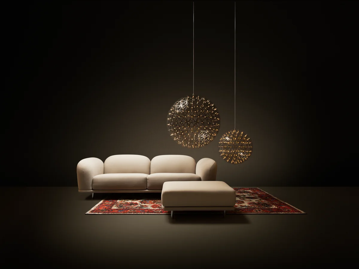 Poetic composition Cloud Sofa, Cloud Footstool, Raimond suspension light two sizes and Moooi carpet