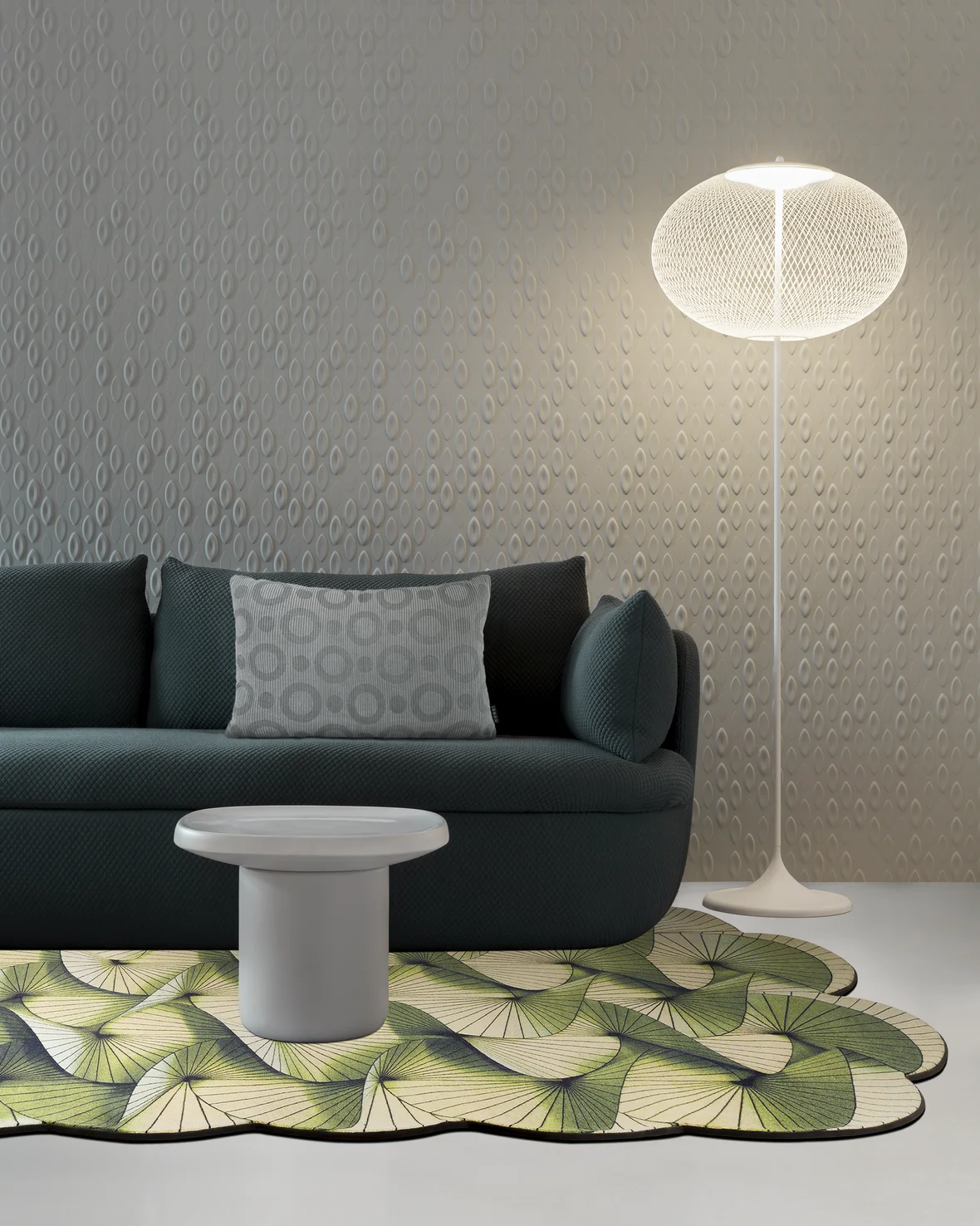 bart sofa on serpentine carpet with umbrella squid pillow 