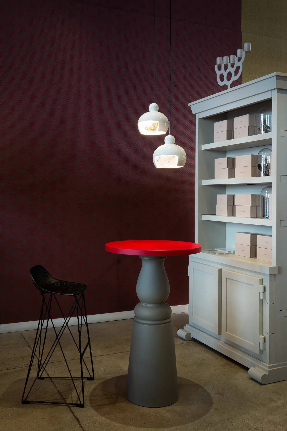 Interior with Container Table, Carbon Bar Stool and Juuyo suspension light
