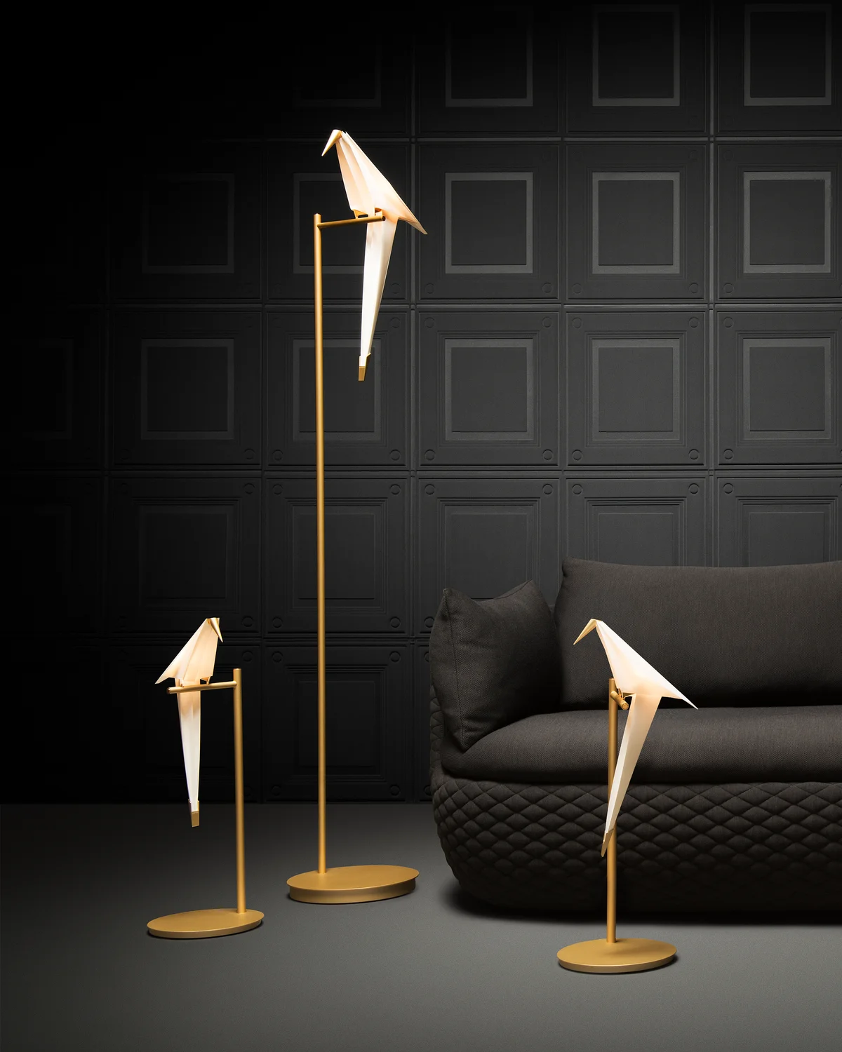 Perch Light Floor and two Perch Light Table in front of Bart Sofa black and black wallpaper 