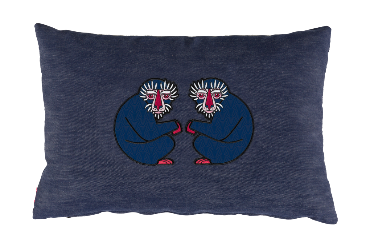 Denim Macaque Pillow blue with monkey embroidery 