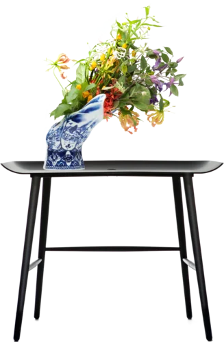 Size comparison Woood desk and Blow Away Vase with flowers