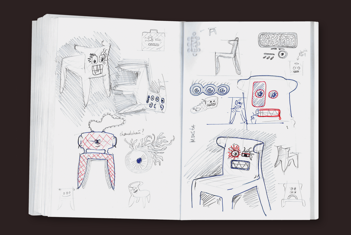 Notebook with drawings of Monster chair sketches