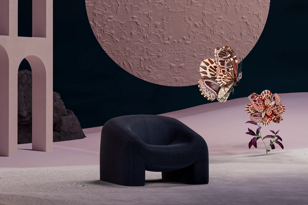 Mimic Moth in dreamy setting with Hortensia Chair and Moooi Wallcovering